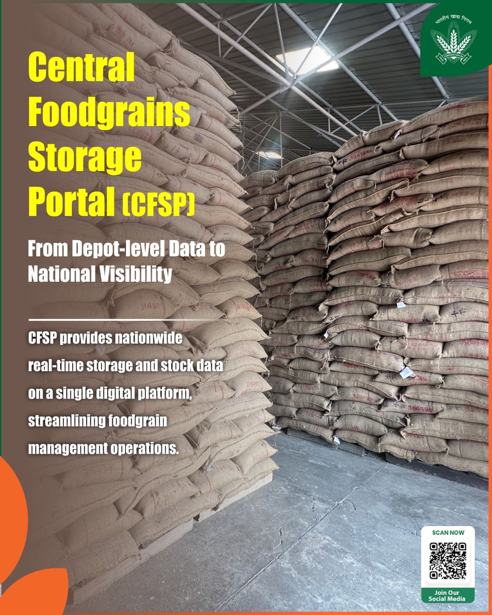 The Central Food Grains Storage Portal (CFSP) is a transformative digital initiative developed by the National Informatics Centre (NIC) for the Department of Food &amp; Public Distribution (DFPD).
By integrating FCI and State agency warehouses onto a single platform, CFSP enables