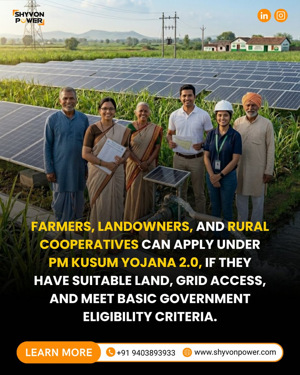 Shyvon_Power's tweet image. Farmers &amp;amp; landowners can now apply for solar under PM Kusum Yojana 2.0 ☀️

✔ Use your land better
✔ Get reliable energy
✔ Build long-term value

📞 +91 9403893933
🌐 shyvonpower.com

#PMKusum #Solar #Farmers #CleanEnergy #ShyvonPower