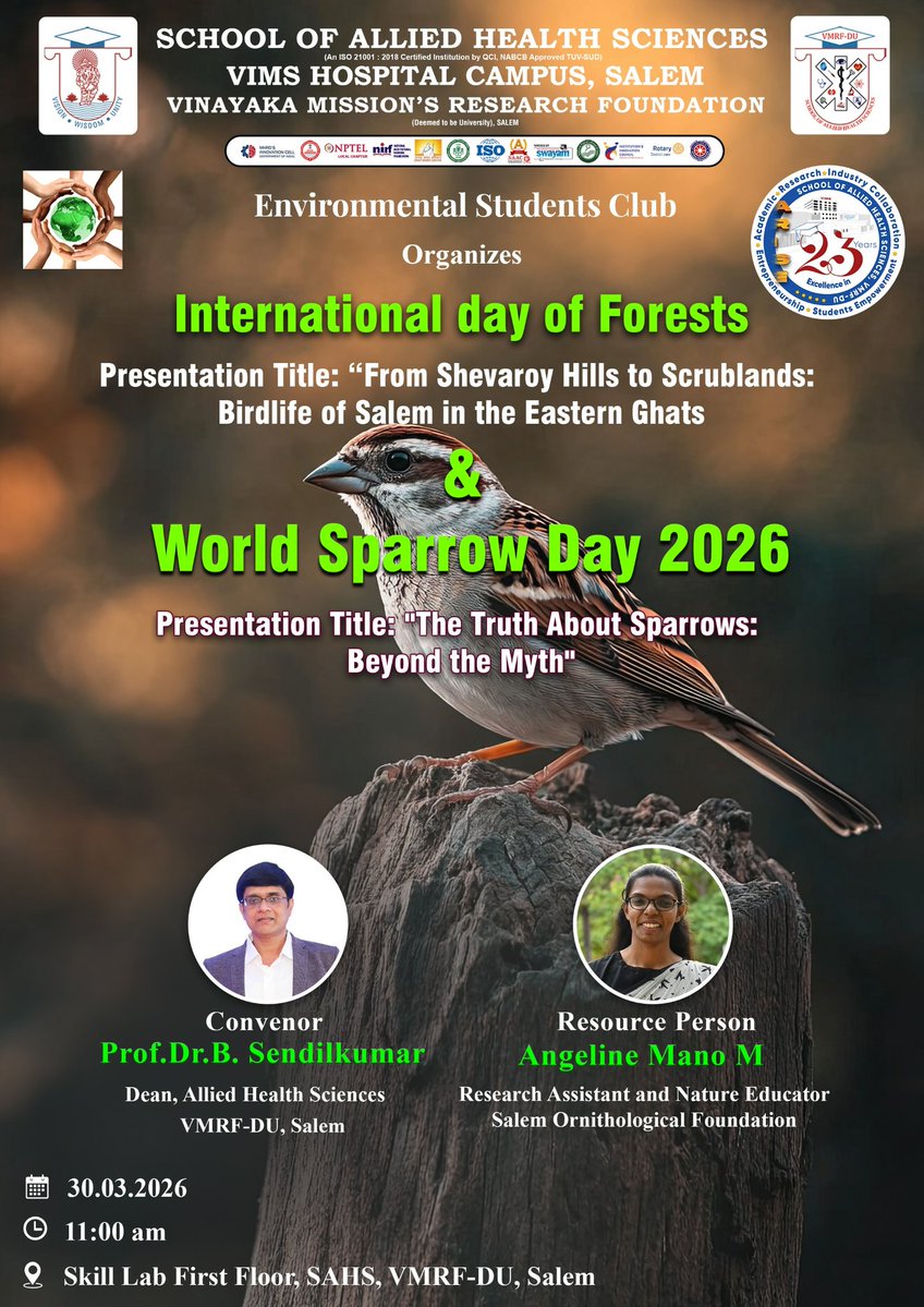 sahsvmrfsalem's tweet image. We are delighted to share the successful completion of our awareness program in celebration of International Day of Forests and World Sparrow Day 2026.

#AwarenessMatters #InternationalDayOfForest #WorldSparrowDay #birdwatching #biodiversity #motivational