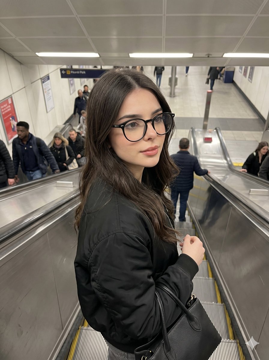 Nano Banana Pro on Gemini.

Prompt: Photorealistic iPhone candid of a woman on an escalator, using the exact face and identity from the reference image. She wears black horn-rimmed glasses, a black bomber jacket and carries a black handbag. Natural posture, mid-motion capture