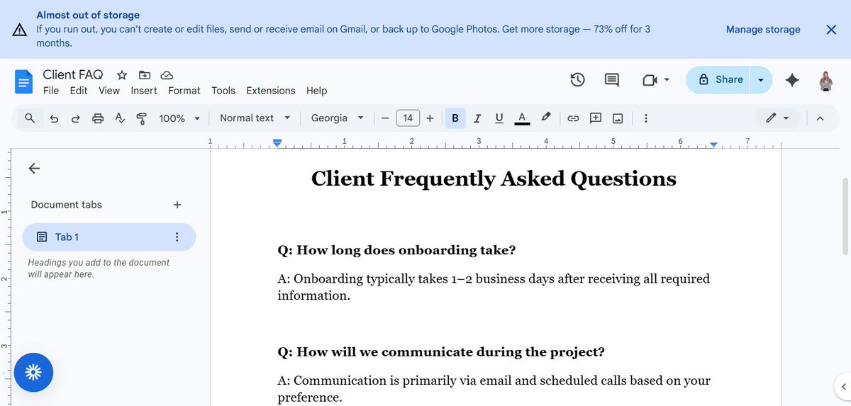 raycyn970's tweet image. Day 18/30 – Admin &amp;amp; Ops VA Challenge
Created an FAQ doc for client onboarding.
No more repeating the same answers. It’s all documented.
👉 What question do clients ask you every time?

#VirtualAssistant #AdminSupport #Operations