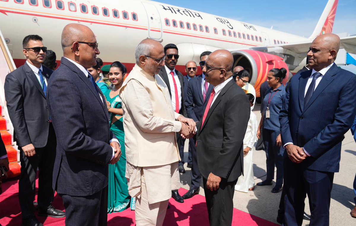 VPIndia's tweet photo. Vice President of India Shri C. P. Radhakrishnan arrived in Colombo on a two-day official visit to Sri Lanka and was accorded a warm welcome. This is the first official bilateral visit by an Indian Vice President to Sri Lanka, aimed at further strengthening the millennia-old civilizational and people-to-people ties between the two countries.