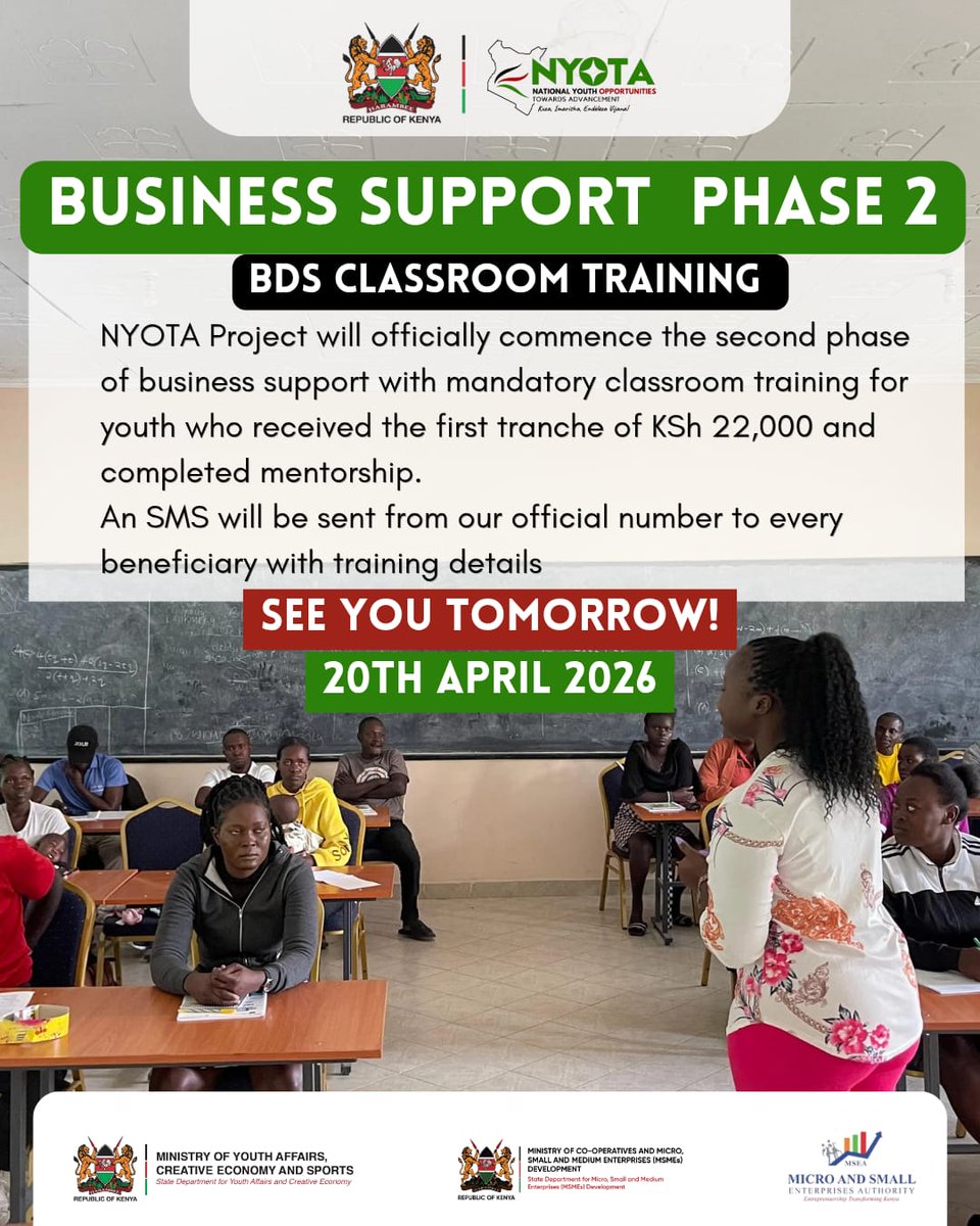 Starting tomorrow BDS classroom training phase 2 for business support component.  #KuzaImarishaEndelezaVijana #NyotaProjectKE
