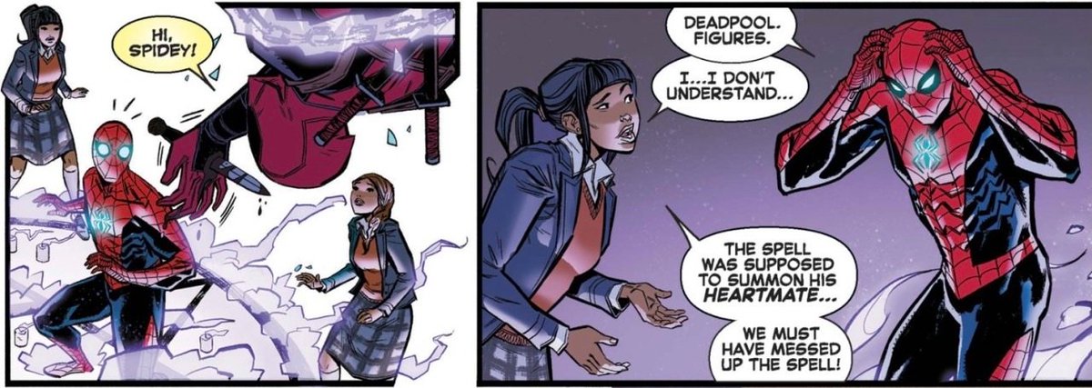 lyson_pain's tweet image. Just a reminder on this Sunday that #SpiderMan is canonically, proven by a magic spell, to be Deadpool's HEARTMATE. The spell was meant to summon DP's wife (at the time) Shiklah, but alas, Spidey is summoned because #Deadpool is down bad for Spidey and that's in 616 #spideypool