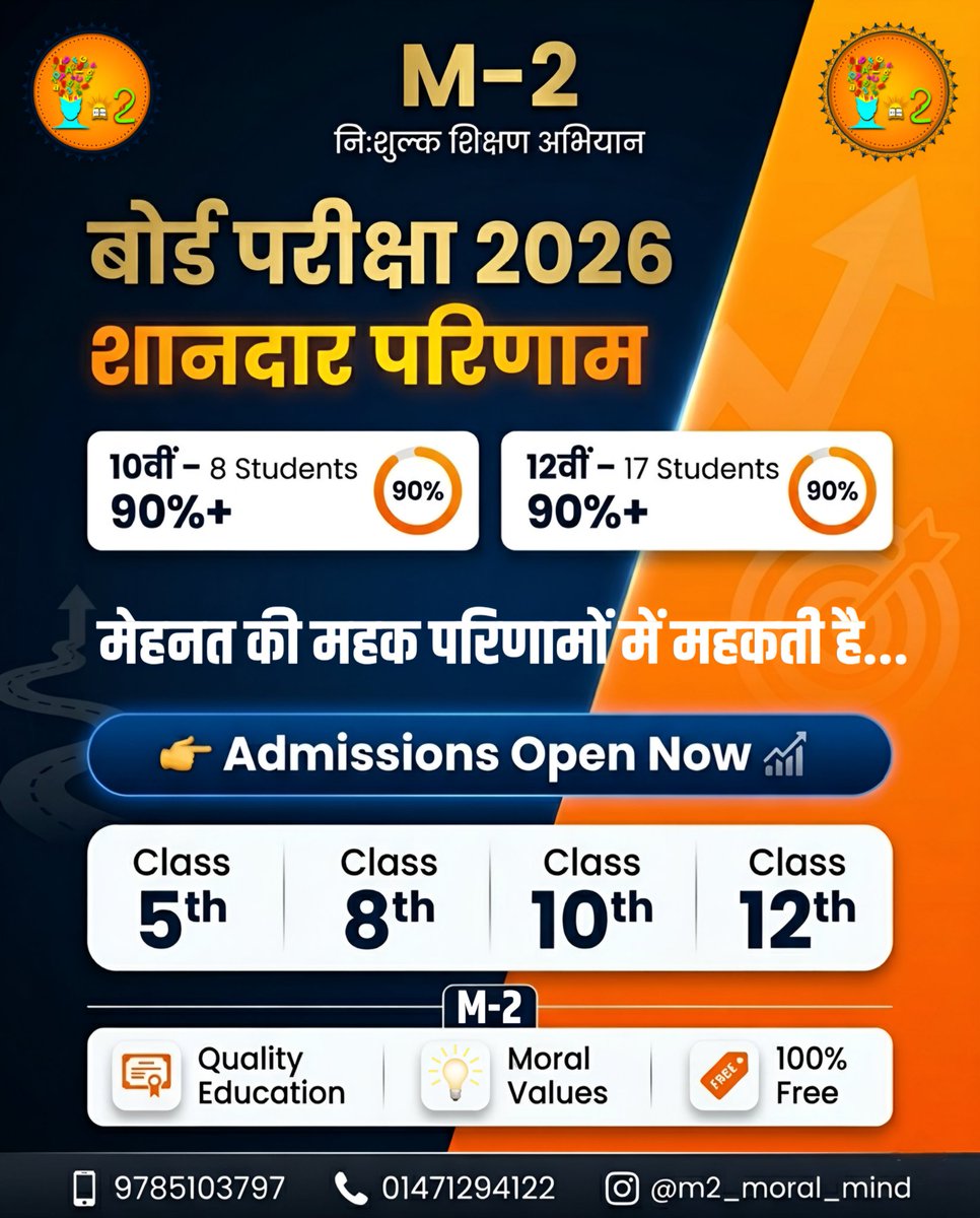 m2_moral_mind's tweet image. मेहनत का भरोसा, शानदार परिणाम का वादा! 💯
अब आपकी बारी है अपने सपनों को उड़ान देने की 🚀
🎯 Admissions Open–Class 5th, 8th, 10th &amp;amp; 12th

📞 अभी जुड़ें: 9785103797 | 01471294122
📲 @m2_moral_mind

#FreeEducation #BoardResult2026 #AdmissionOpen #QualityEducation #m2_moral_mind