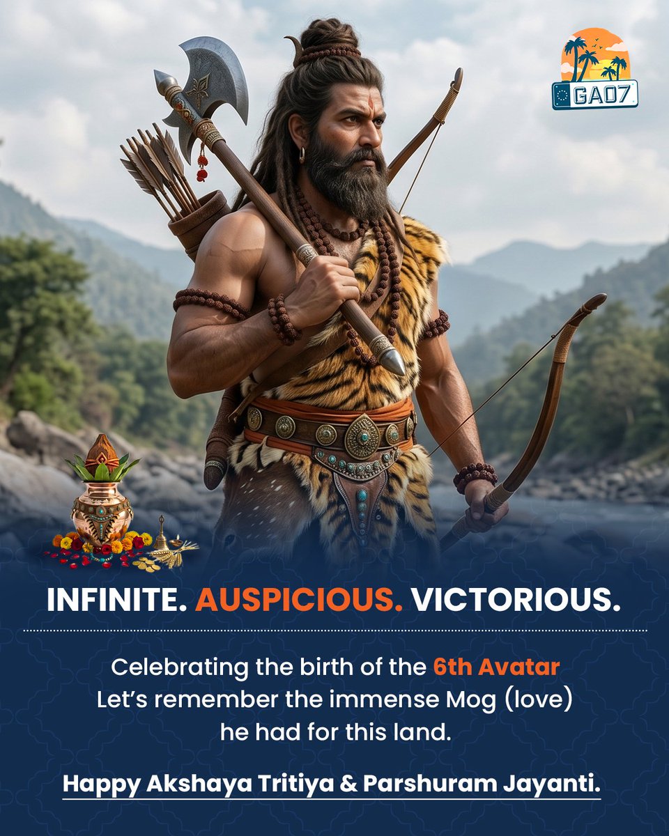 thepeopleofgoa's tweet photo. Infinite, auspicious, and victorious. We celebrate the 6th Avatar, Bhagwan Parshuram, alongside the blessings of Akshaya Tritiya. Honoring his legacy and the immense love he bestowed upon our sacred land.
#ParshuramJayanti #AkshayaTritiya #GoaHeritage #GA07 https://t.co/tgkuLvtEey
