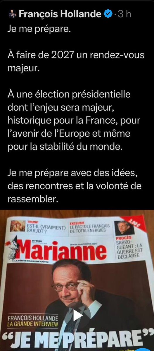LesPatriotes21's tweet image. 🔸🔸 2027 : François Hollande se représente. 🔸🔸

Parce qu’apparemment, détruire la France une fois ne lui a pas suffi.
Le seul mec qui arrive à faire passer Macron pour un dynamiteur.

On mérite mieux que ce come-back de ringard. 🤡

Vive la France !  🇨🇵

#FranceLibre