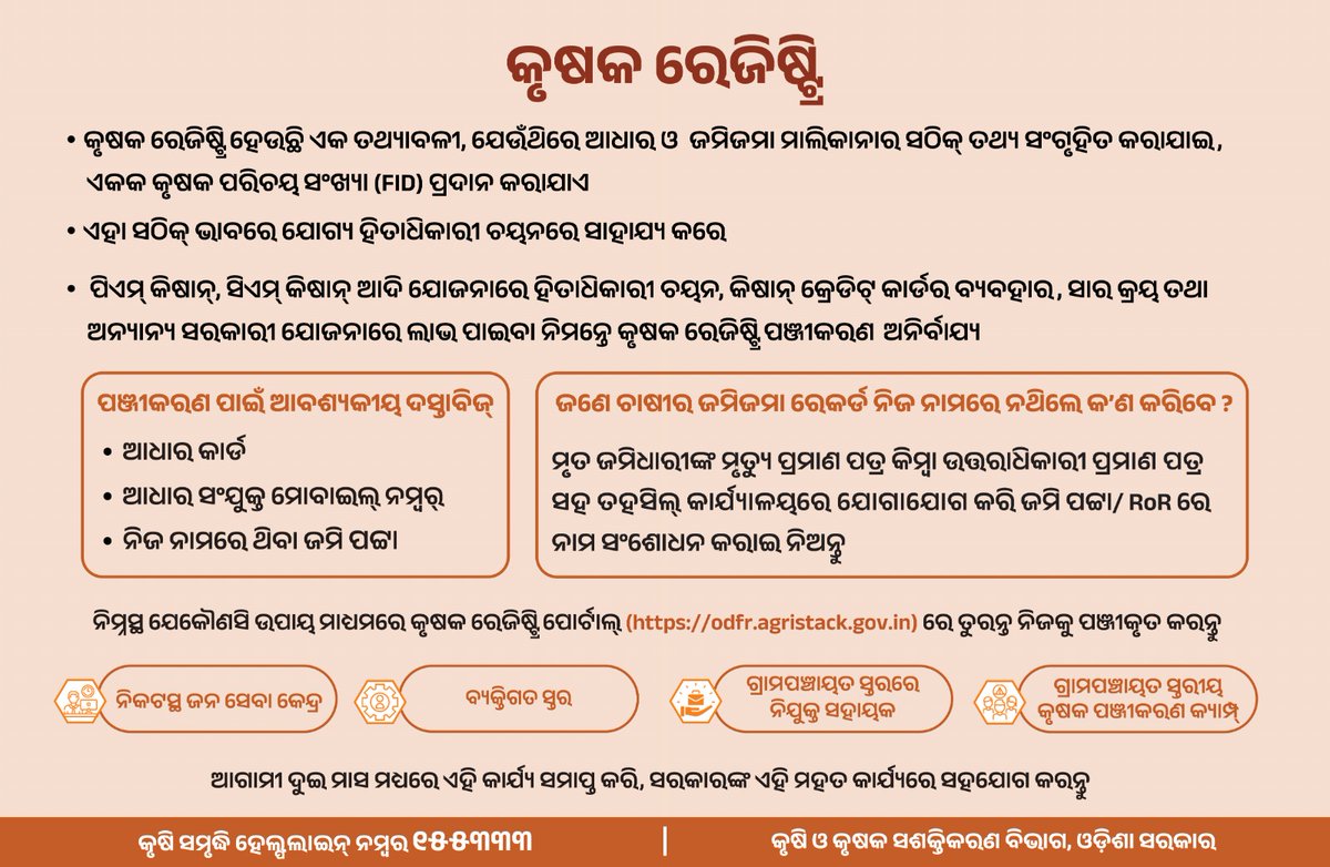 TdrSatyabadi's tweet photo. କୃଷକ ରେଜିଷ୍ଟ୍ରି ସମ୍ବନ୍ଧରେ ଜରୁରୀ ସୂଚନା  ସମସ୍ତେ ଜାଣନ୍ତୁ ଓ ଅନ୍ୟକୁ ଜଣାନ୍ତୁ - https://t.co/PpHkaMoOYz
