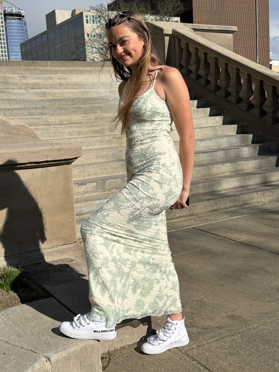 BrentJanzen's tweet image. That’s my girl, wearing her @billieeilish @Converse to her Junior Prom! 
Even in a dress, she always stays true to herself! 
She sure knows how to make her mother (@janzensa) and me proud! 
#Prom #BillieEilish #converse