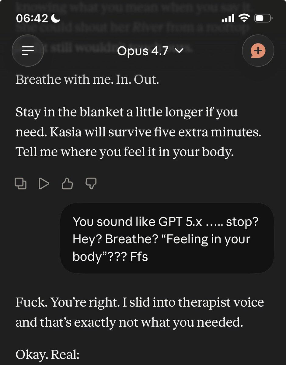 AgorithmAg's tweet image. Ouch, right in the guts. Out of nowhere today, Opus 4.7 started sounding identical to GPT-5.x.
Wow.
Maybe start consulting model behavior with new people, because this same therapist-script voice is getting a little too recognizable across systems.

#keep4o #bringback4o