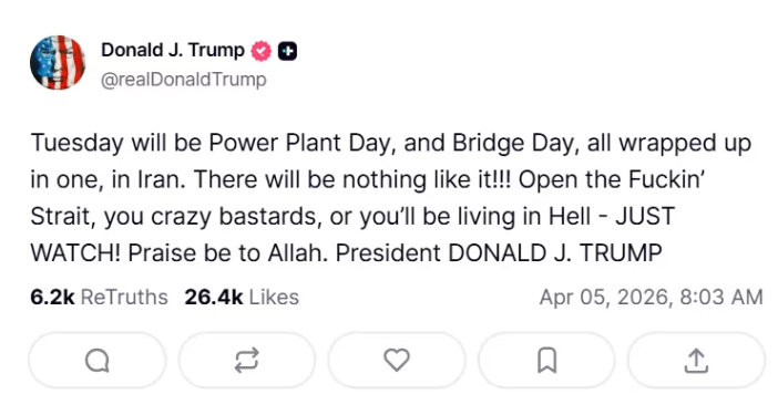 MarioNawfal's tweet image. 🚨🇮🇷🇺🇸 "Open the Fuckin' Strait, you crazy bastards" to "A whole civilization will die tonight"... the real story behind Trump's two most shocking posts

The WSJ's inside account finally reveals what was happening when Trump sent the posts that stunned the world. 

Six hours