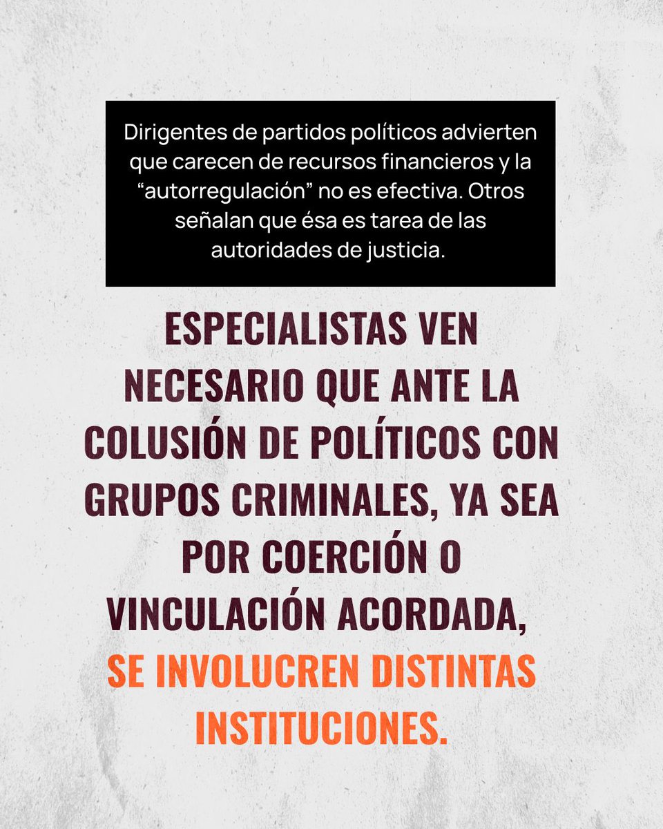 🗳️ A unos meses de que inicie el proceso electoral 2027, los partidos políticos no cuentan con métodos que garanticen que sus candidatos no estén infiltrados por organizaciones criminales.

Con información de <a href="/androaguilar/">Andro Aguilar</a> y diseño de Adán Vega. 
buff.ly/VYMKacA