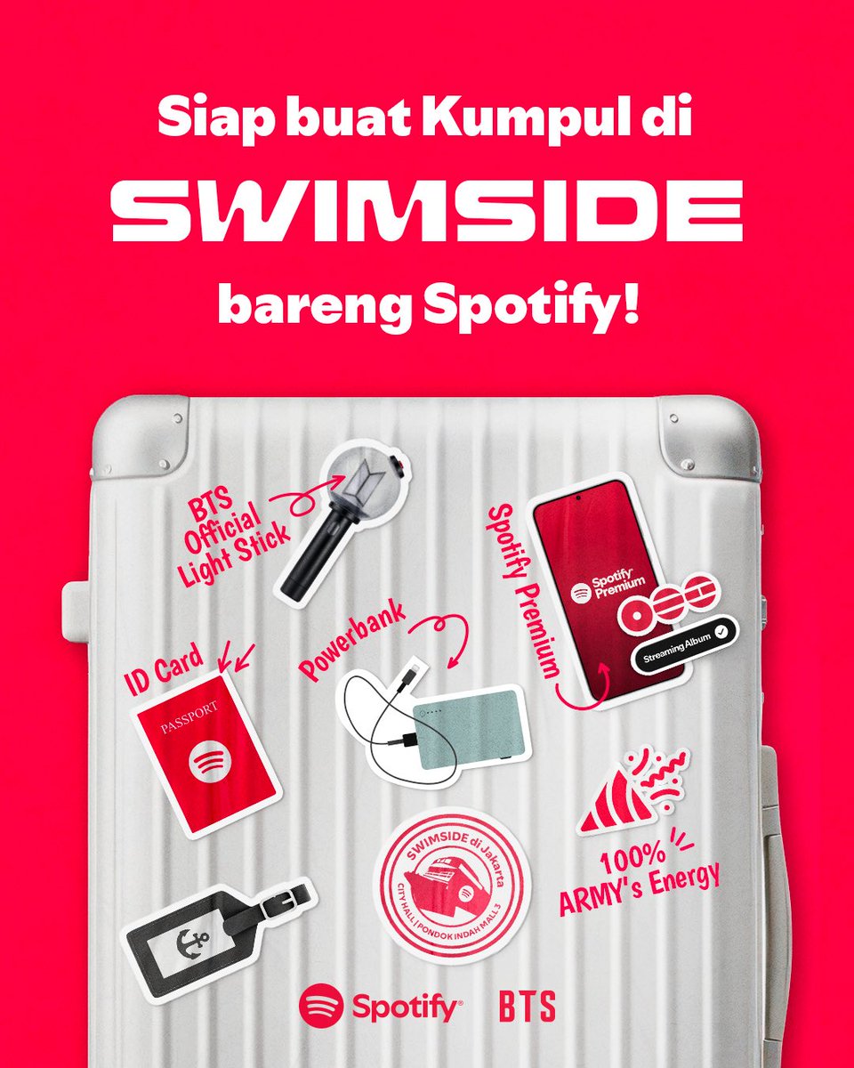 🚢 Semuanya Berkumpul di SWIMSIDE 🚢 

D-5 sebelum Spotify x BTS SWIMSIDE
Makin hari makin gak sabar nunggunya ✨

Biar momen SWIMSIDE makin maksimal, ini nih essential things yang perlu disiapin sama ARMY.

✅ Streaming album ARIRANG
✅ SWIMSIDE mood
✅ ARMY energy
✅ Sing-along