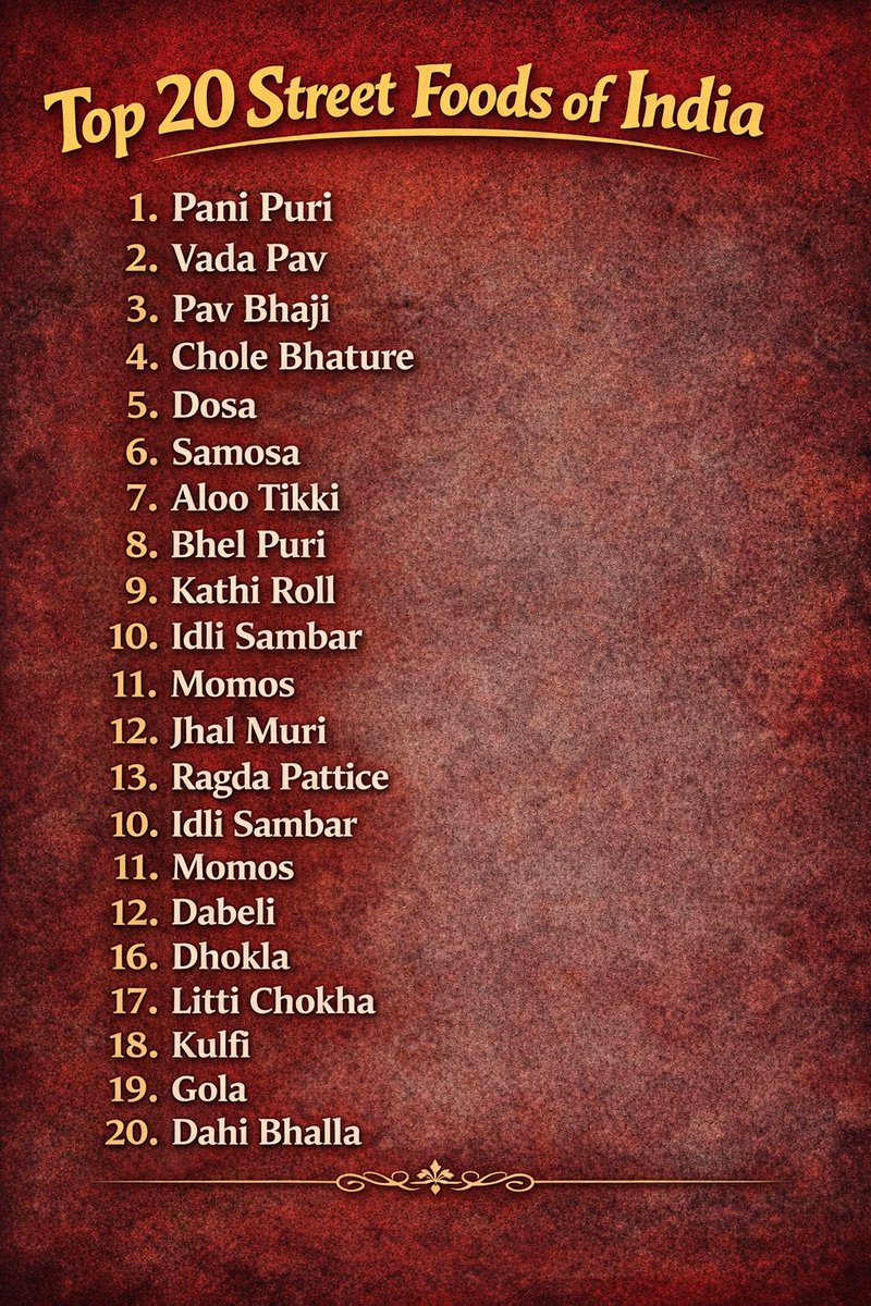 Famous street food in India 🇮🇳
My top favourites are ...
Pani Puri
Samosa
Kulfi
What's yours ?