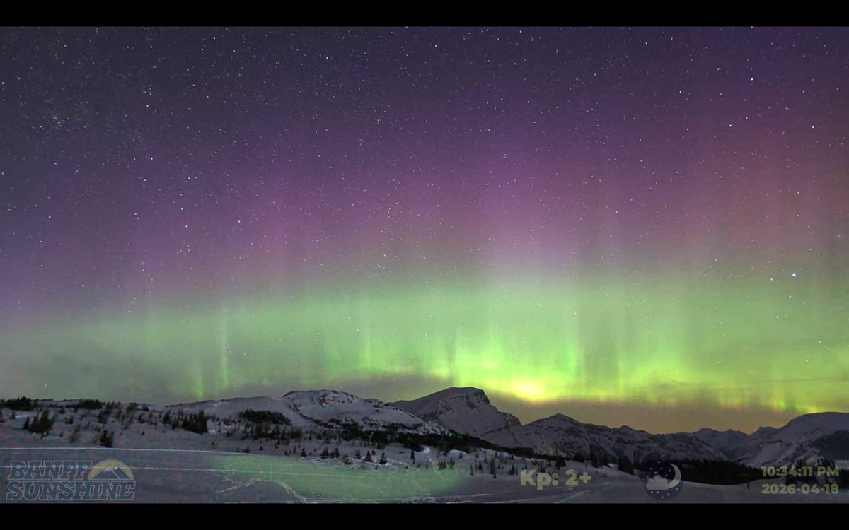 OtaruPhantom's tweet image. 今日、4月19日 #カナダ #Banff 郊外 #SunshineVillage(北緯51度11分) のライブカメラで #オーロラ 確認。赤紫色とピンクと #緑色オーロラ が実に美しい！新SNS #bluesky(bsky.app/profile/shibac…)もよろしく！URL: youtube.com/watch?v=jNsYQv… #northernlights #aurora #Auroraborealis #dancing_curtain