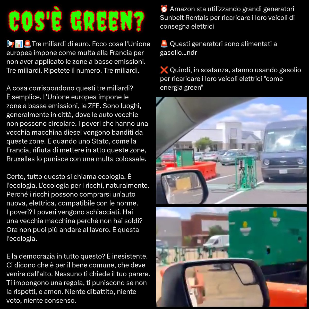 sborzu's tweet image. Se la uè multa Paesi come la Francia 🇫🇷 perché non si adeguano all'imposizione di Ztl #eco, e al contempo finanzia coi soldi nostri flotte di trasporto elettrico che si ricaricano col diesel, possiamo concludere che la rivoluzione #green è solo una grande fregatura per il Popolo?
