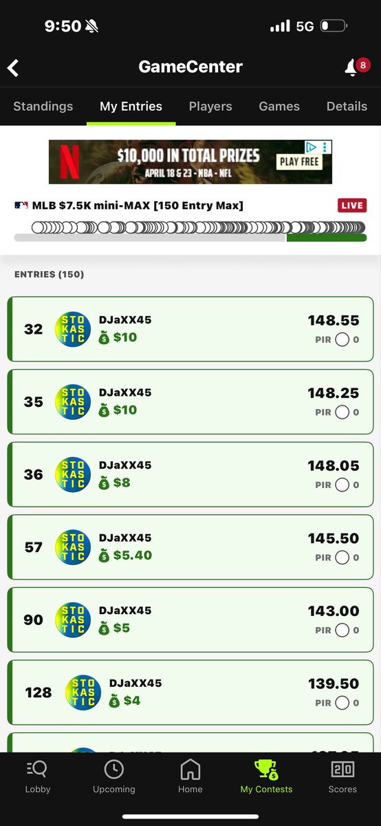 djdj4545DFS's tweet photo. Haven’t touched DFS since the end of the NFL season. Hopped back on yesterday &amp; got 4th in the mini max. AND THEN, I won the early slate mini max &amp; a bunch of top 100 placements in the main slate mini max. Helluva way to come back. S/O @Stokastic @StokasticHOF https://t.co/e9RDMDOz2m