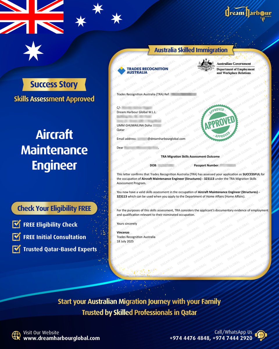 DreamHarbourG's tweet image. 🏆Success Story: Skills Assessment Approved! ✅
🎉#Congratulations to our #Australia #Migration client on receiving a #Positive #Skills #Assessment Result in #Qatar for the occupation of #AircraftMaintenanceEngineer(Structures) #ANZSCO 323113