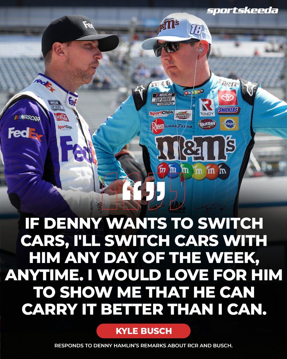 NASCARatSK's tweet photo. Kyle Busch throws down the ultimate challenge to Denny Hamlin: 'switch cars anytime and prove it on track' 👀🔥

#KyleBusch #DennyHamlin #NASCAR #RCR https://t.co/kfYxUf2qU0
