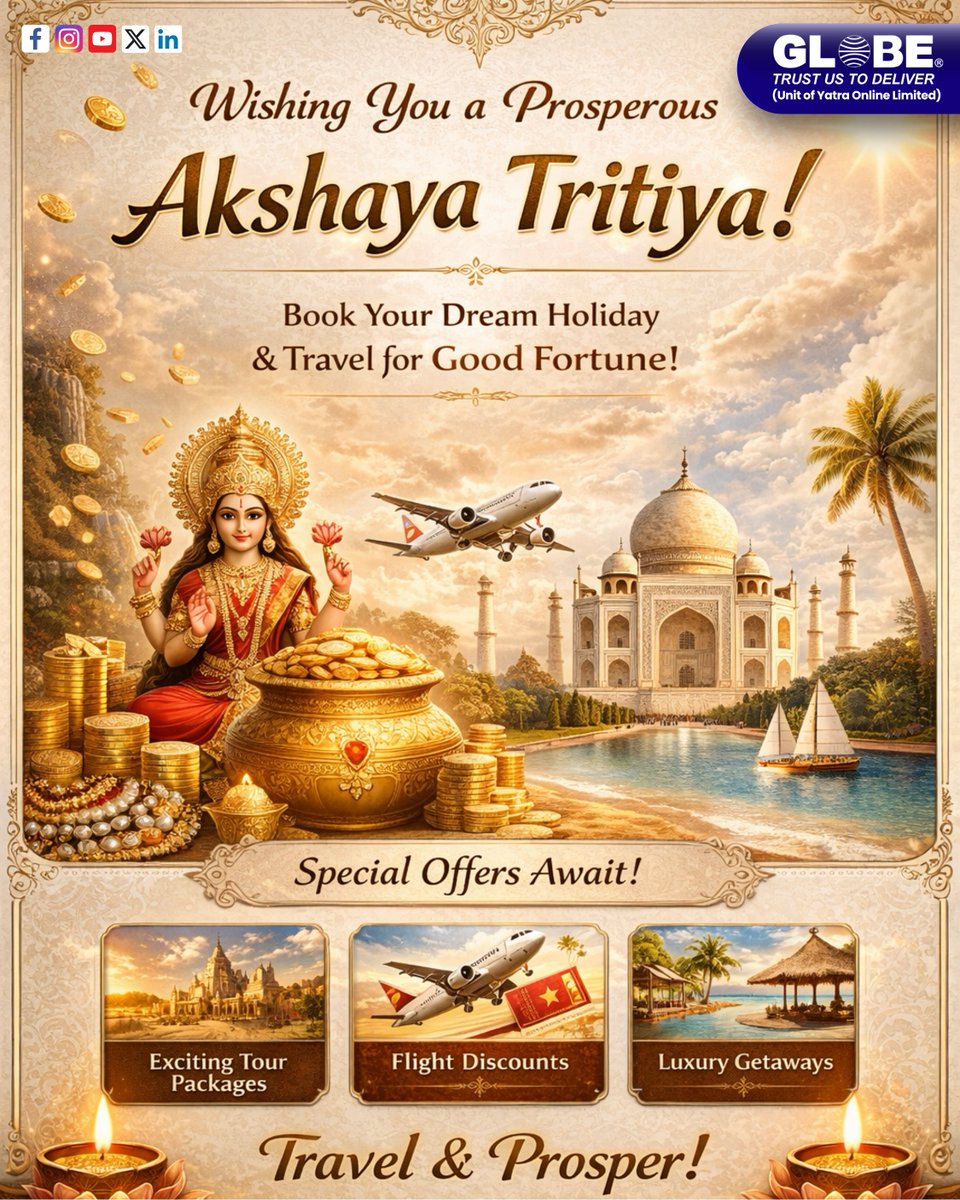 globeindias's tweet photo. 💛 Prosperity that multiplies… journeys that never end. ✨

This Akshaya Tritiya, invest in something that only grows richer with time - experiences. ✈️🌍
Because gold may shine… but memories? They glow forever.
#AkshayaTritiya #ProsperityAndTravel #InvestInExperiences #Globe https://t.co/mVzU1yN0G0
