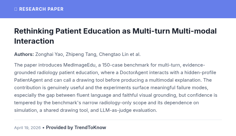 aitrendings's tweet image. Rethinking Patient Education as Multi-turn Multi-modal Interaction

👥 Zonghai Yao, Zhipeng Tang, Chengtao Lin et al.

#AIResearch #MachineLearning #MultiModalAI #PatientEducation

🔗 trendtoknow.ai/paper-reviews/…