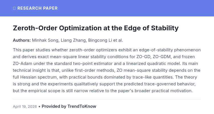 aitrendings's tweet image. Zeroth-Order Optimization at the Edge of Stability

👥 Minhak Song, Liang Zhang, Bingcong Li et al.

#AIResearch #MachineLearning #Optimization #ZerothOrder

🔗 trendtoknow.ai/paper-reviews/…