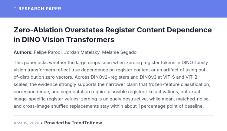 aitrendings's tweet image. Zero-Ablation Overstates Register Content Dependence in DINO Vision Transformers

👥 Felipe Parodi, Jordan Matelsky &amp;amp; Melanie Segado

#AIResearch #ComputerVision #DeepLearning #VisionTransformers

🔗 trendtoknow.ai/paper-reviews/…