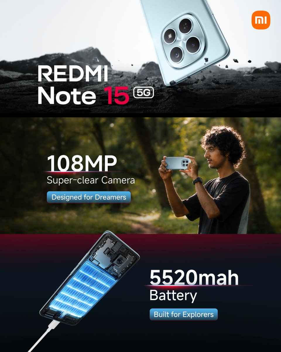 MiBangladesh's tweet image. Phone that keeps up with your passion.

With Titan durability, a 108MP camera, and a 5520mAh battery, REDMI Note 15 5G is built for every dreamer and explorers.

#REDMINote155G #XiaomiBangladesh