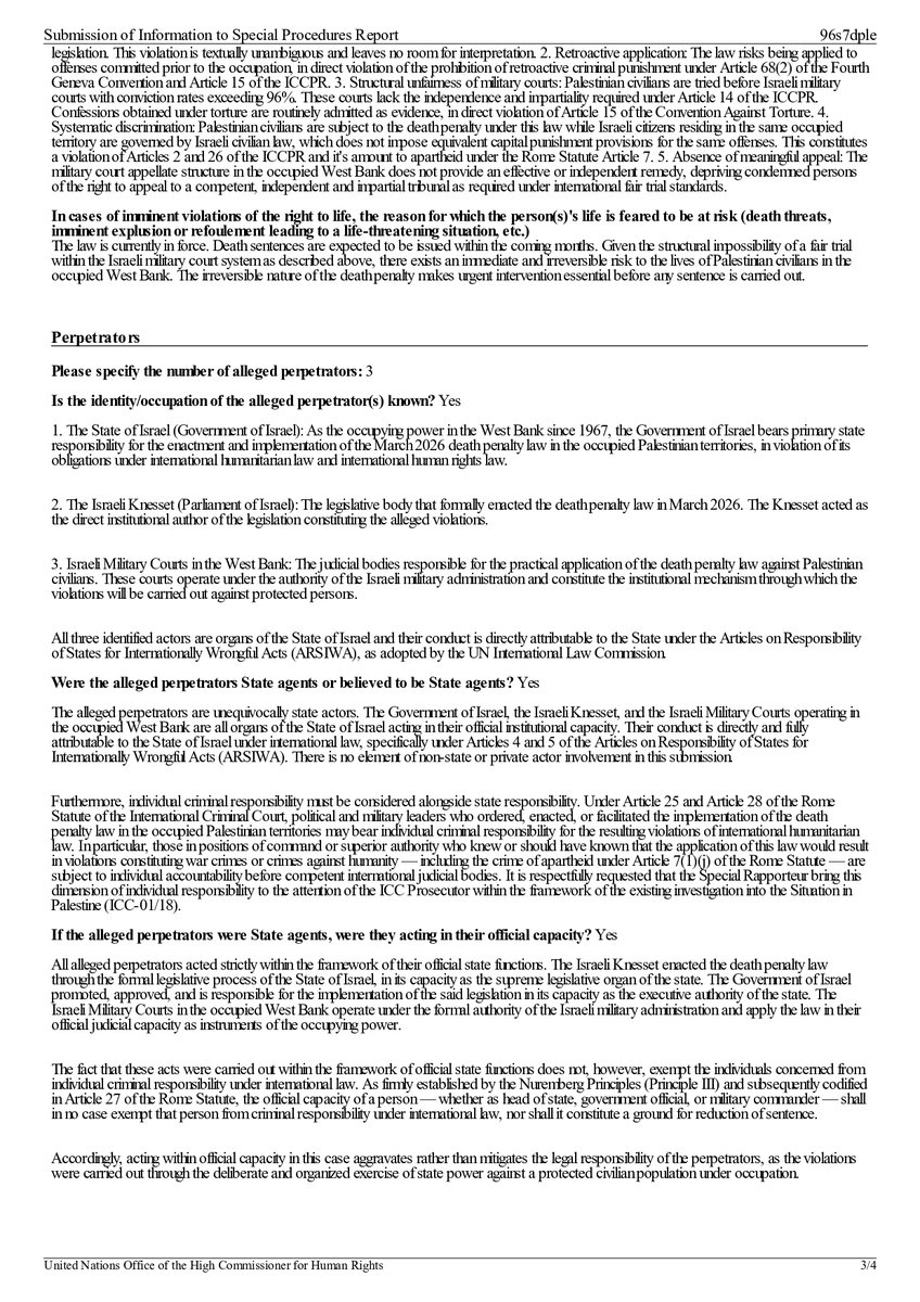 ilcolaw's tweet photo. 📌Official submission filed with #OHCHR &amp; UN Special Rapporteur on Palestine (Ref:96s7dple-16.04.2026)

This submission will be recorded in history or ignored.

@FranceskAlbs / @antonioguterres we are holding you as witnesses. Execution is irreversible. Urgent action is required. https://t.co/Wat7aYIKKi