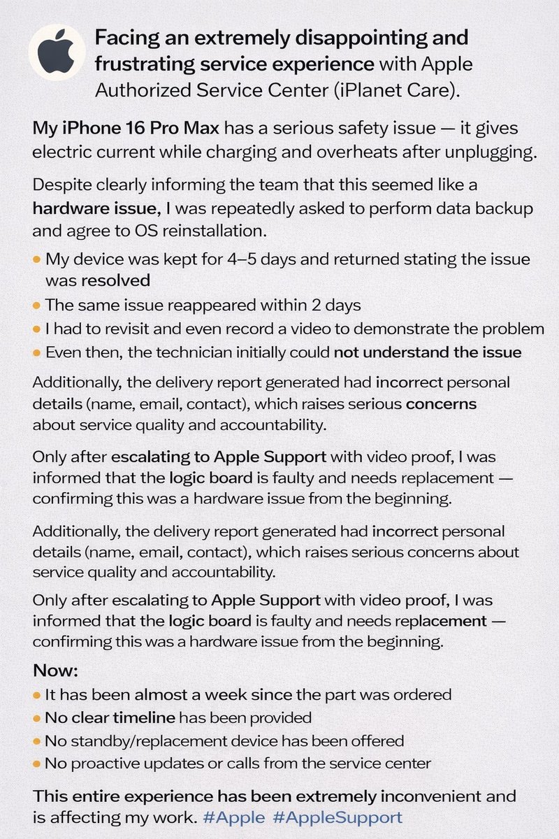 anurag2062000's tweet image. Facing a highly disappointing experience with Apple Authorized Service Center (iPlanet Care)
@AppleSupport @Apple @tim_cook  
 #AppleIndia #iPhone16ProMax  
#AppleSupport #ServiceIssue #CustomerExperience  
#SafetyIssue #ConsumerRights