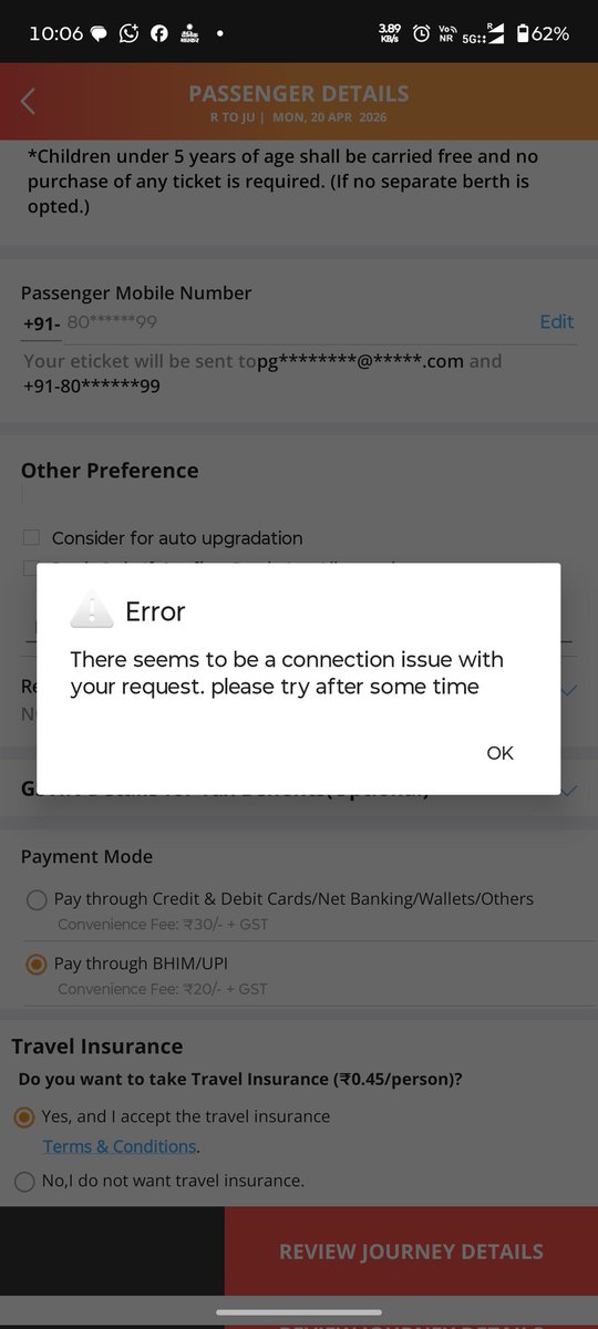 panchariya20's tweet image. Another "connection error" during Tatkal? 😡 @IRCTCofficial feels rigged. Tickets vanish while the site crashes, leaving us stranded while touts thrive. When will we get a fair system?
@RailwaySeva @RailMinIndia @AshwiniVaishnaw #IRCTC #DigitalIndia #TatkalScam @IRCTCofficial