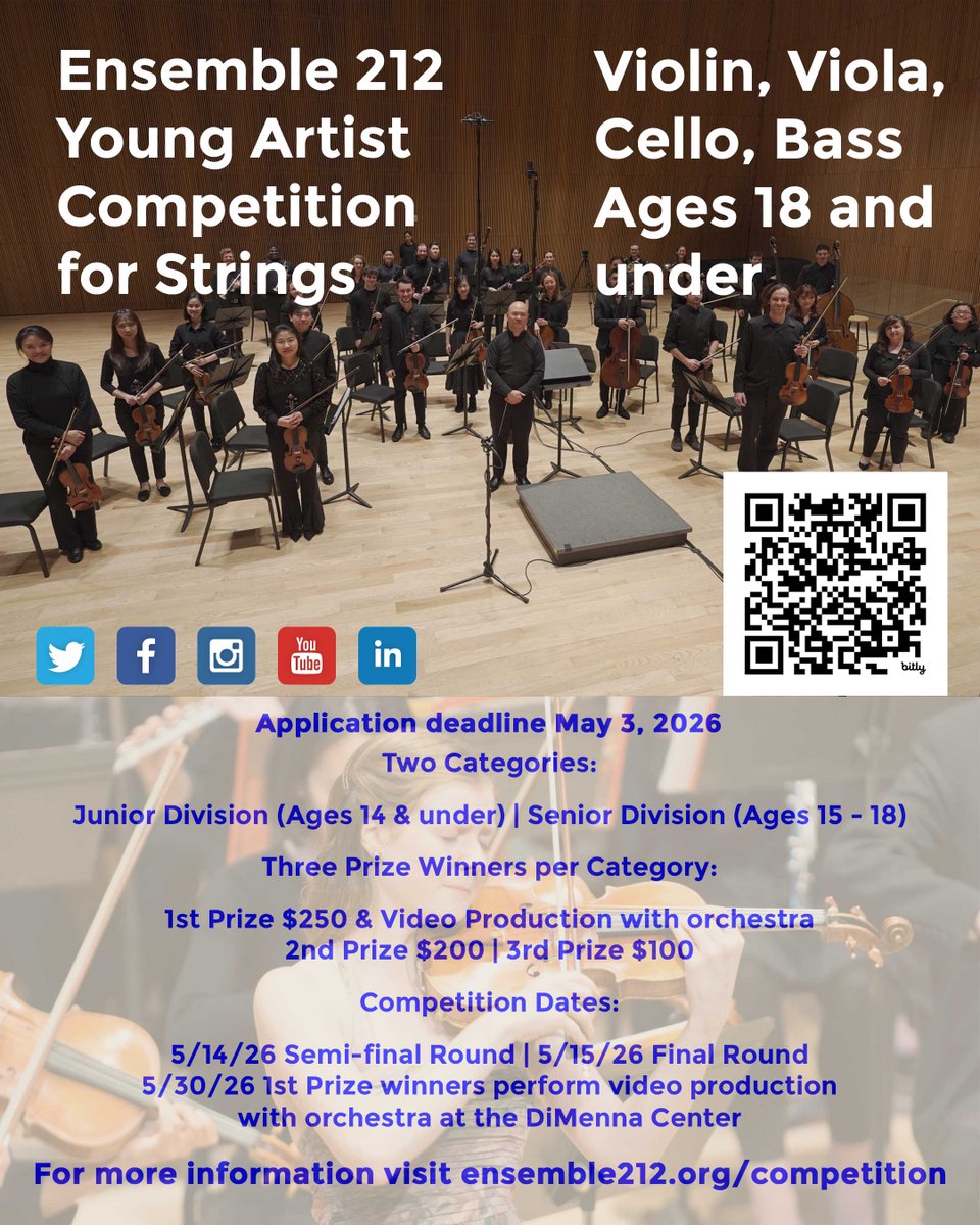 ensemble212's tweet image. #StringPlayers Ages 18 and under, apply to our Young Artist Competition for a chance to perform with a professional orchestra in New York! All applicants will receive feedback from the judges! bit.ly/3NPGmFl
#violin #cello #musiccompetition #youngartistcompetition