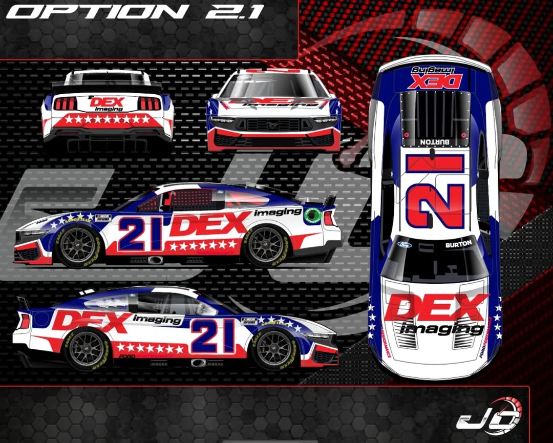 Fluggswashere's tweet photo. Here's an unused @HBurtonRacing Patriotic Dex Imaging car from 2024. Designed by J-cal, while I'd say the one that ran was better this one wasn't bad either. 

#NASCAR #lostschemes #unusedschemes #HarrisonBurton #DexImaging #WoodBrothersRacing https://t.co/3bcTI9Gu5e