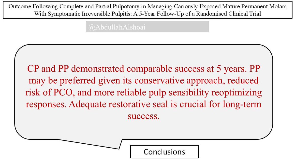 AbdullahAlshoai's tweet photo. #Dental_updates 

Outcome Following Complete and Partial Pulpotomy in Managing Cariously Exposed Mature Permanent Molars With Symptomatic Irreversible Pulpitis: A 5-Year Follow-Up of a Randomised Clinical Trial

International Endodontic Journal, 2025; 58:1835–1848 https://t.co/I0I4lFvwaA