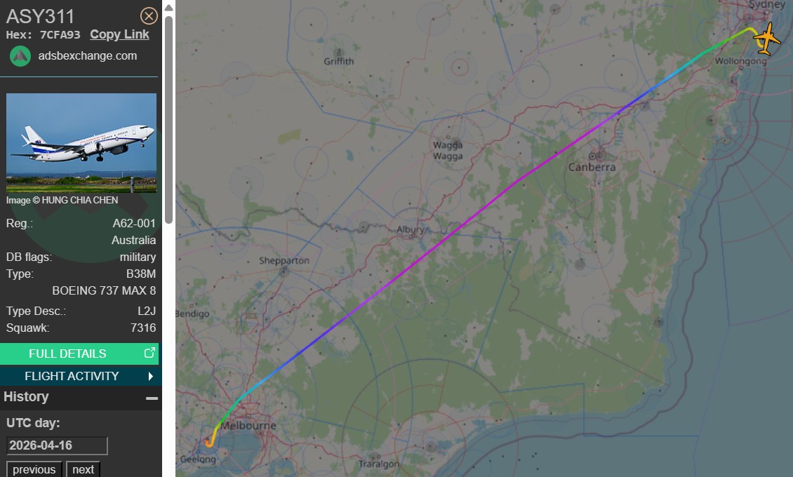 raaf_vip's tweet image. Dropping off the PM.

Route: Melbourne Avalon (AVV) - Sydney (SYD)
🛫: 23:01 UTC on 16/04/2026 (17/04/2026 AEST)
🛬: 00:04 UTC on 17/04/2026

#RAAF #Sydney