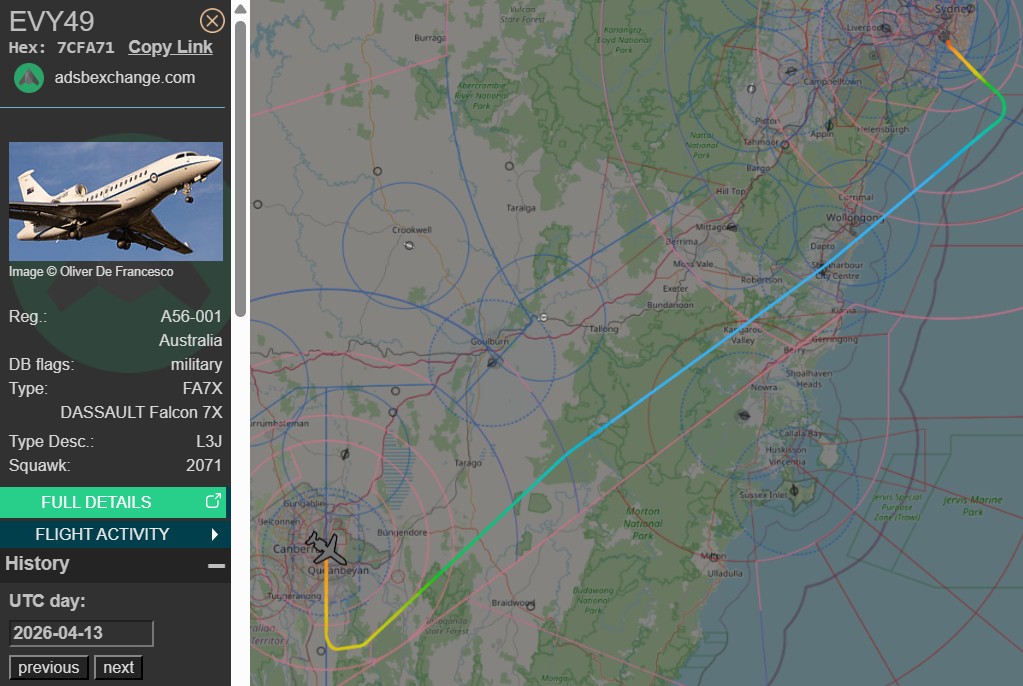 raaf_vip's tweet image. Back to base.

Route: SYD - CBR
🛫: 12:47 UTC on 13/04/2026
🛬: 13:22 UTC

#RAAF #Sydney