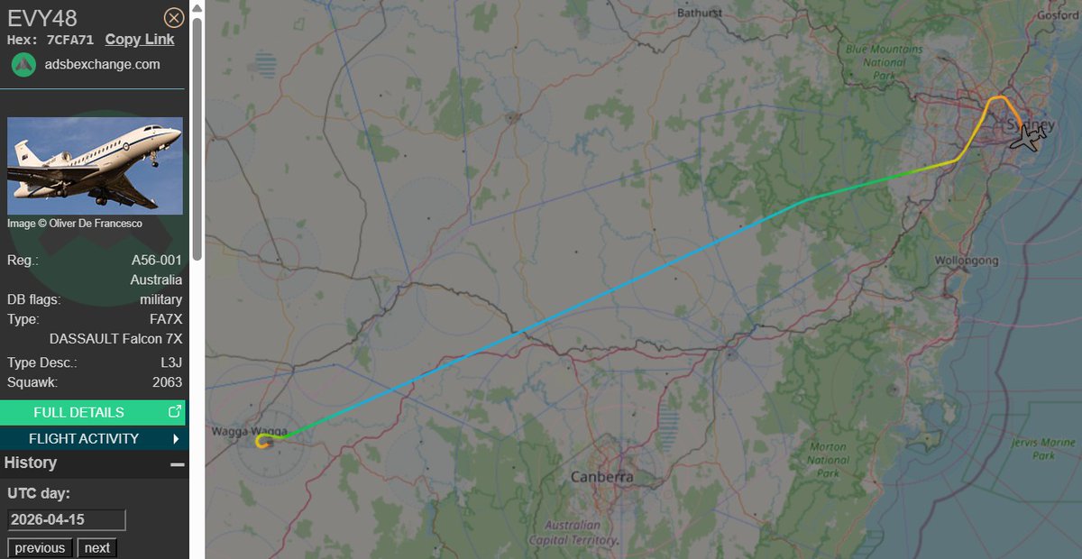 raaf_vip's tweet image. Route: RAAF Wagga (WGA) - Sydney (SYD)
🛫: 01:58 UTC on 15/04/2026
🛬: 02:37 UTC

#RAAF #Sydney