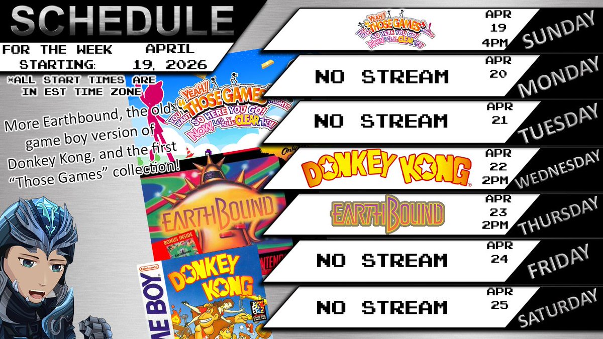 RKMusou's tweet photo. Quick schedule post before bed!

Sun, Those Games
Wed, Donkey Kong '94 (game boy)
Thurs, Earthbound

Depending on how the week goes, might need to delay/cancel a Wed or Thurs stream.

Have a great week!
https://t.co/EkZJ44xiXJ
https://t.co/sabGOclOmn
#ENVtuber #Vtuber #VTuberEN https://t.co/EGNKIywAFf