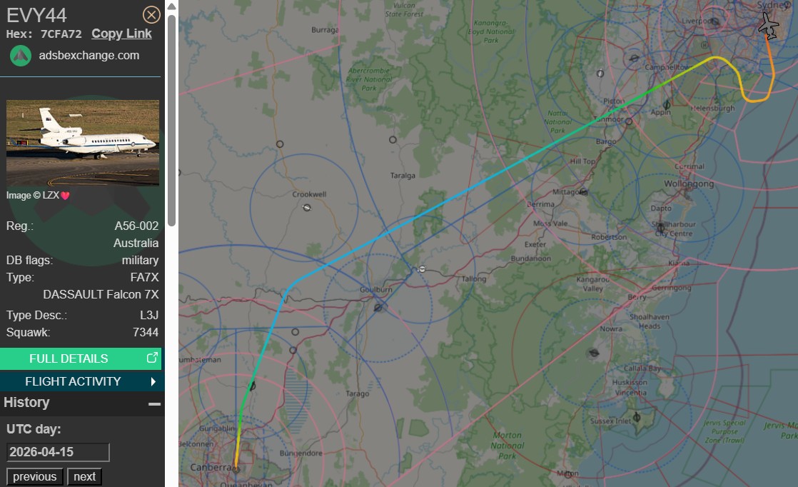 raaf_vip's tweet image. Callsign: Envoy 44
Route: Canberra (CBR) - Sydney (SYD)
🛫: 00:38 UTC on 15/04/2026
🛬: 01:07 UTC

#RAAF #Sydney