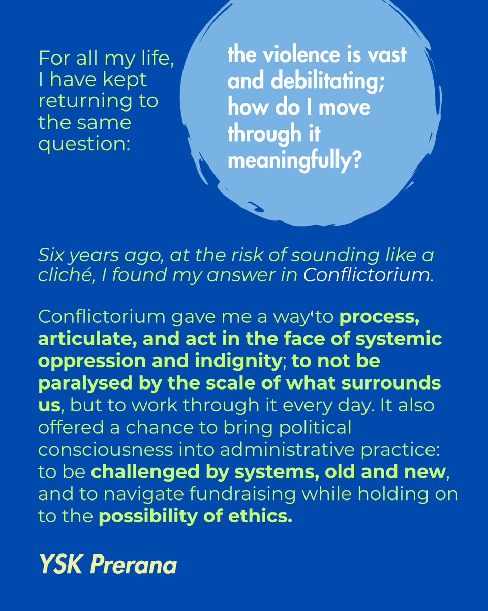 conflictorium's tweet photo. 📣 We have an announcement! 📣

As a principled position and a response to time, YSK Prerana, Artistic Director, is transitioning out of their role. 

Conflictorium welcomes Fatima Juned, to carry on the movement with mischief and intent. https://t.co/UfvEZcbxHv