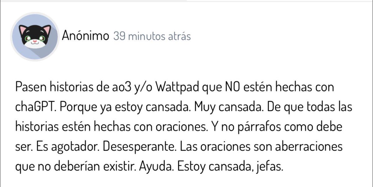 cc2minn_'s tweet photo. CREÍ QUE ERA LA ÚNICA, hace poquito me puse a leer un fanfic con buena trama, y mientras más leía, nada tenía sentido, siempre repetía lo mismo sin avance, y la portada se notaba demasiado q era IA😭😭🐥 https://t.co/O9si8GFLnC
