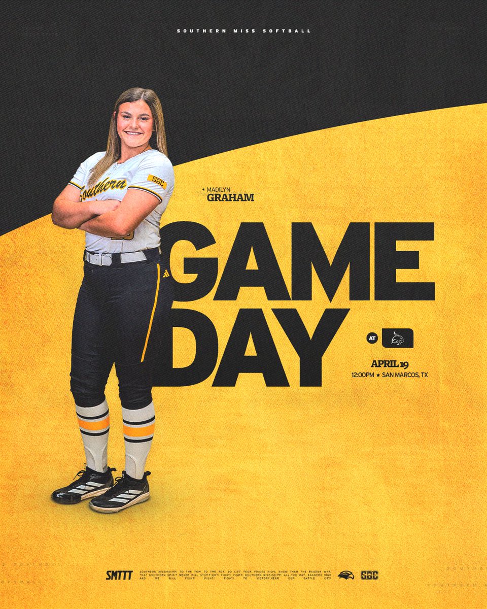 SouthernMissSB's tweet image. Closing out the weekend in San Marcos 👋

🆚: Texas State
🕛: 12:00 p.m.
📺: smttt.info/42hYPS0
📊: smttt.info/4tqgJy0
🏟: Bobcat Softball Stadium
📍: San Marcos, Texas

#SMTTT | #LockedIn