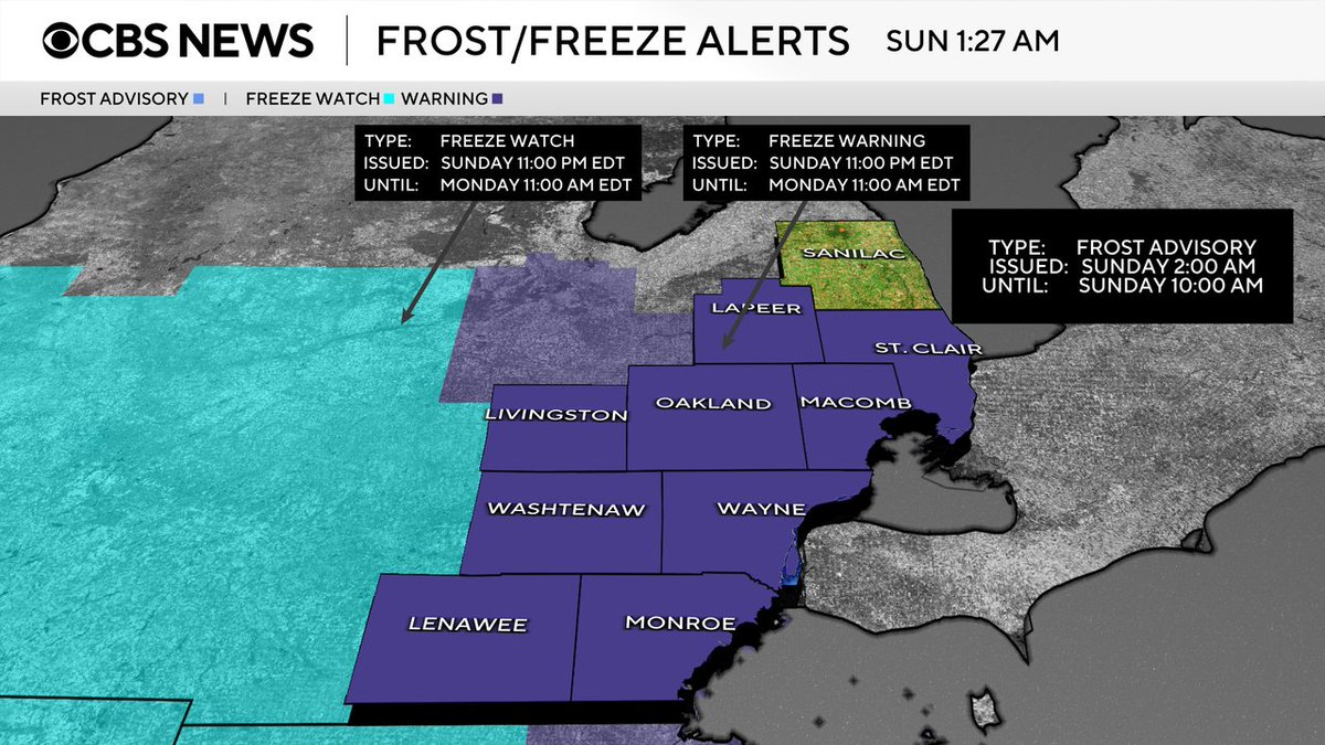 CBSDetroit's tweet image. A Freeze Warning has been issued for the highlighted counties until Apr 20 11:00AM. #miwx #weather