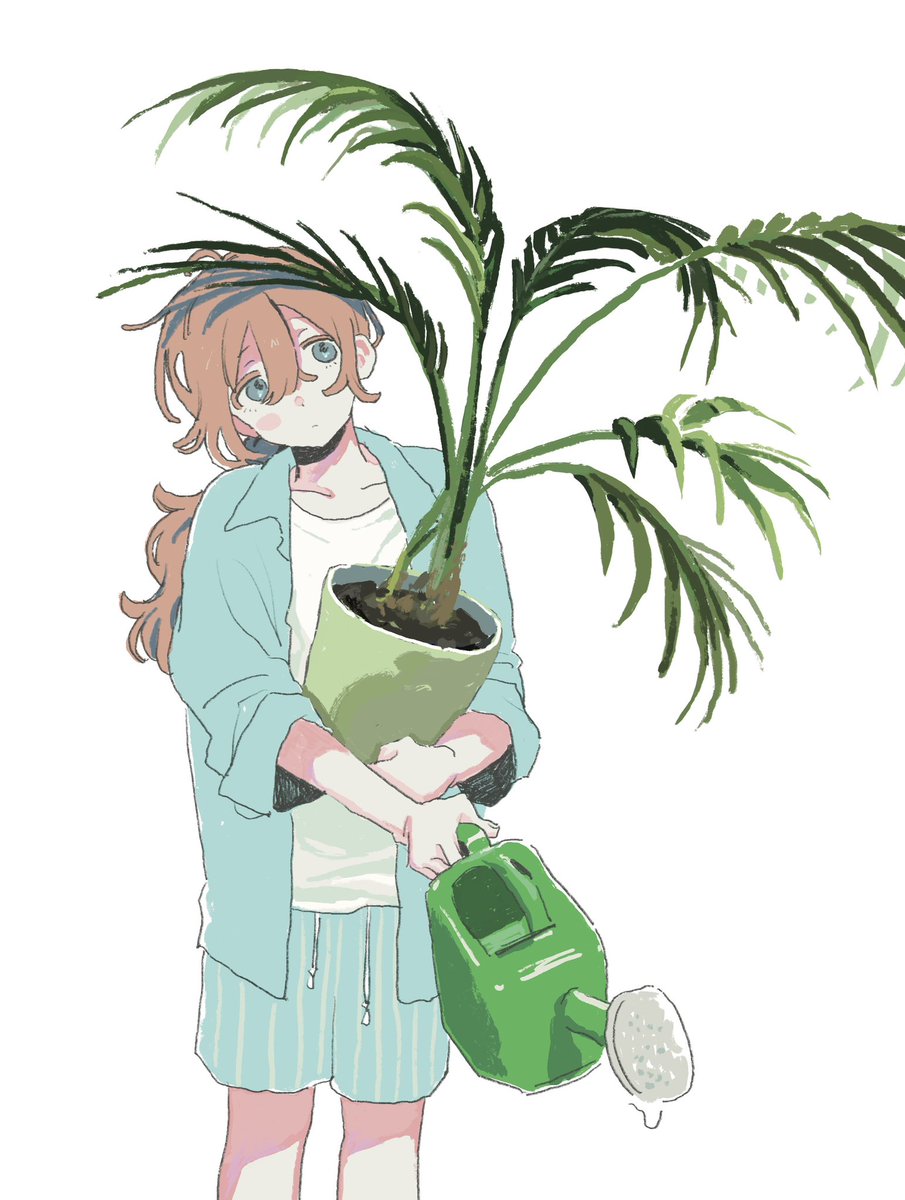 観葉植物に撫でられている人の絵
