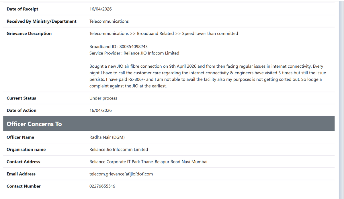 wkunal97's tweet photo. @JioCare @reliancejio @_MukeshAmbani Facing issues from the very 1st day after purchasing your air fibre on 9th Apri 2026. Lodged a complaint with SR000033QDQL but your local Saharanpur team is not able to solve the issue. So pls either refund our amount &amp; take back your device https://t.co/LRD8Ce1QGF