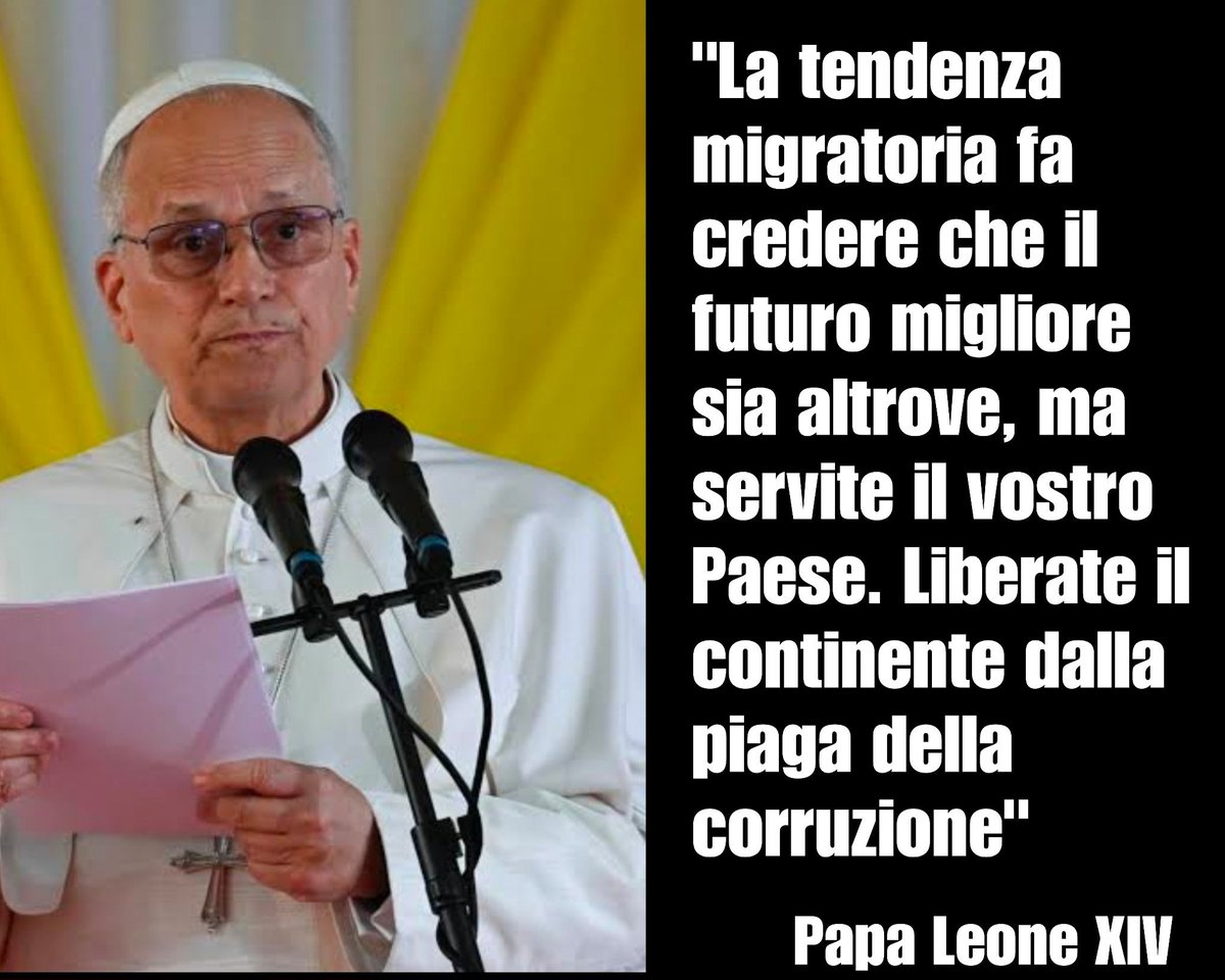 SimoPillon's tweet photo. I media immigrazionisti non lo riportano, ma Papa Leone ieri ha espresso con grande chiarezza uno dei punti chiave della dottrina cattolica, invitando i giovani universitari del Cameroun a NON EMIGRARE.
Ecco le parole del Santo Padre: "La tendenza migratoria fa credere che il futuro migliore sia altrove, ma servite il vostro Paese. Liberate il continente dalla piaga della corruzione".
Amen.