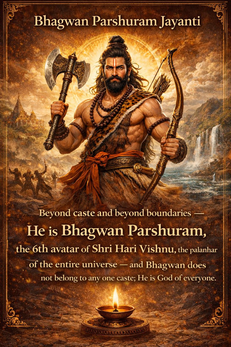 "वो सिर्फ एक जाति के प्रतीक नहीं, संपूर्ण जगत के पालनहार श्री हरि विष्णु के 'छठे अवतार' भगवान परशुराम हैं। और भगवान किसी एक जाति के नहीं, भगवान सबके हैं l

जय श्री राम 🚩 

#ParshuramJayanti #BhagwanParshuramJayanti #Parshuram #LordParshuram