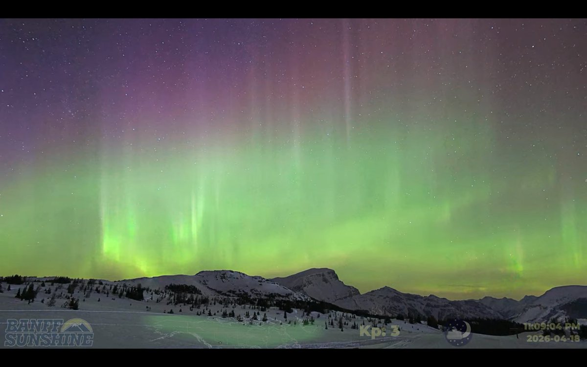 OtaruPhantom's tweet image. この後も #カナダ #Banff 郊外 #SunshineVillage(北緯51度11分) のライブカメラで #オーロラ を確認。明るく、そしてカラフルな #緑色オーロラ が出た。これはすごい！新SNS #bluesky(bsky.app/profile/shibac…)もよろしく！URL: youtube.com/watch?v=jNsYQv… #northernlights #aurora #Auroraborealis