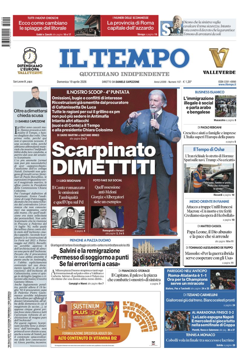tempoweb's tweet image. 📍 #Scarpinato dimettiti. L’ex pm non può più sedere in #Antimafia
📍 L’#Iran richiude lo stretto di #Hormuz. Spari sulle navi
📍 #Salvini sull'immigrazione: “Permesso di soggiorno a punti”

🔽 La prima pagina 📰 Siamo in edicola📣🗞
#19aprile #buongiornoatutti ⏰☕️