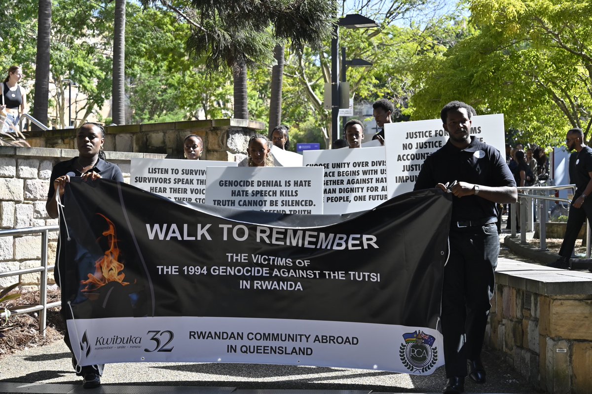 RwandaSingapore's tweet photo. At #Kwibuka32 in Brisbane, QLD, participants paid tribute to the victims of the 1994 Genocide against the Tutsi in Rwanda, and reflected on the importance of upholding historical truth, standing in solidarity with survivors, and global responsibility for early prevention of atrocities. The commemoration also underscored the need for justice and accountability, with calls for the prosecution of remaining genocide suspects still at large.